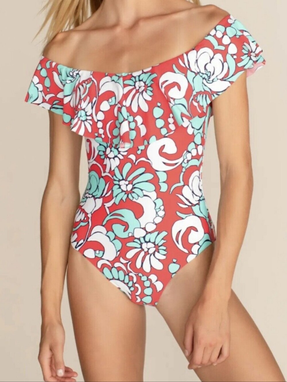 Trina Turk Red & Teal Blue 1-pc Off Shoulder Swimsuit & Cover Up Dress, S